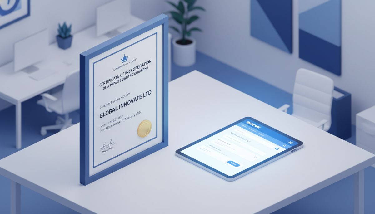 A professional 3D isometric illustration of a UK company registration certificate next to a digital tablet displaying the Companies House website, professional blue and white color palette, clean office background
