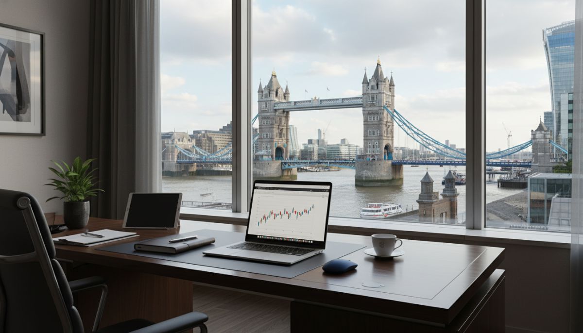 A professional office desk with a laptop, a notebook, and a view of the Tower Bridge through a window, signifying the blend of modern business and the UK's historical stability.