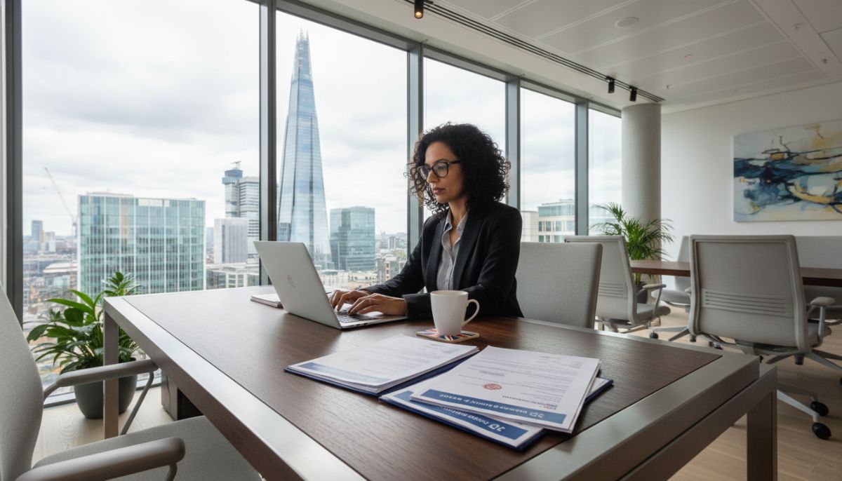 A professional modern office space in London with a view of the Shard, featuring an expat entrepreneur working on a laptop with UK business registration documents and a cup of tea on the desk.