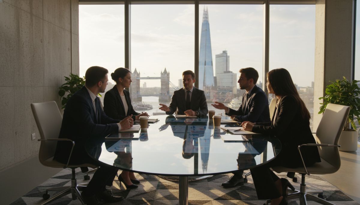 A professional modern office setting in London with a view of the Shard, featuring diverse entrepreneurs discussing business strategy around a sleek glass table, high-resolution, photorealistic, cinematic lighting