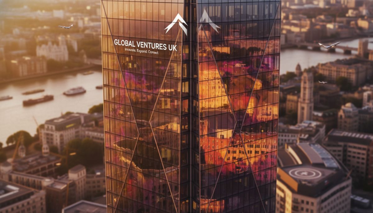 A professional, high-quality overhead shot of a modern glass office building in the City of London, reflecting the sunset, symbolizing UK corporate growth and international investment.