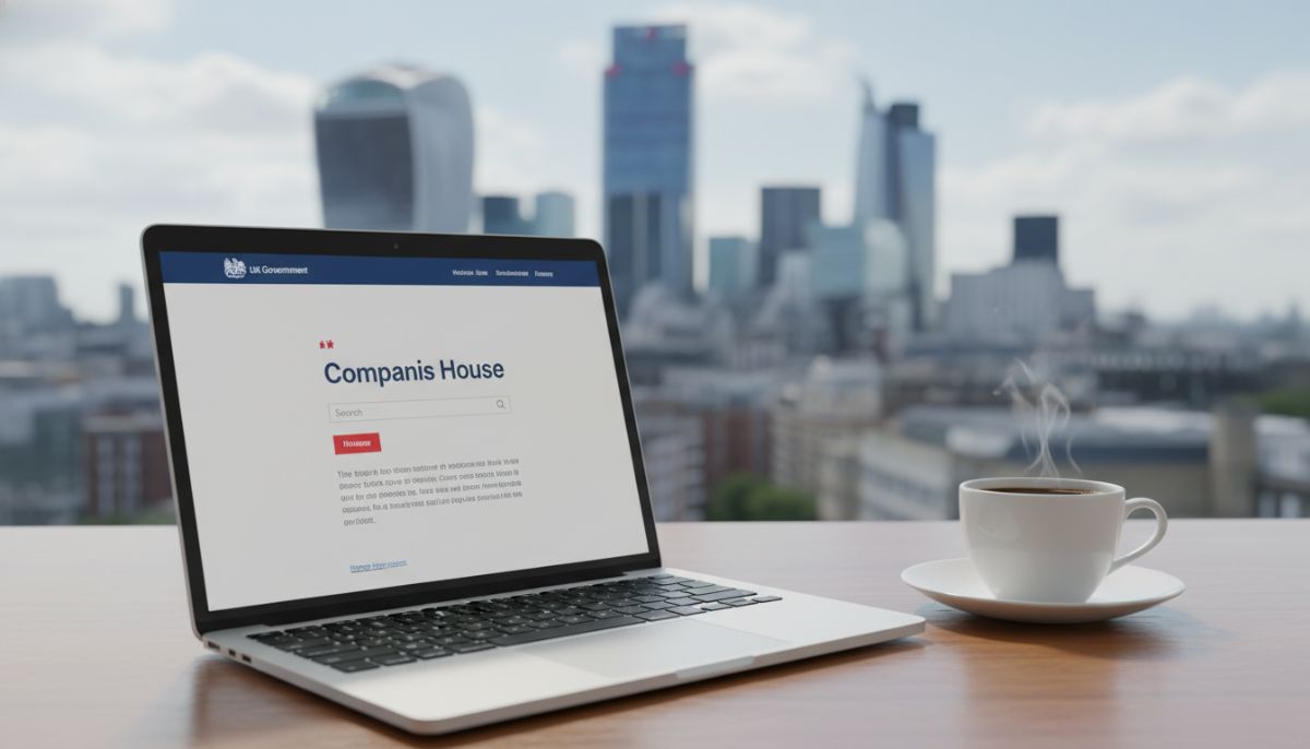 A professional business environment showing a modern laptop with the UK Companies House website open on the screen, a cup of coffee, and a blurred view of the London financial district (The City) in the background, high quality, corporate style.