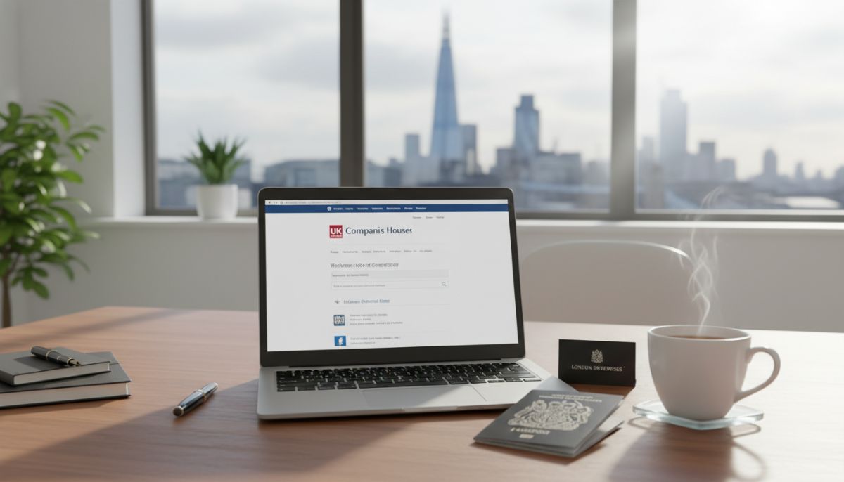 A professional desk setup in a bright London office featuring a laptop displaying the UK Companies House website, a British passport, a sleek business card, and a cup of tea, with the London skyline visible through a blurred window in the background.