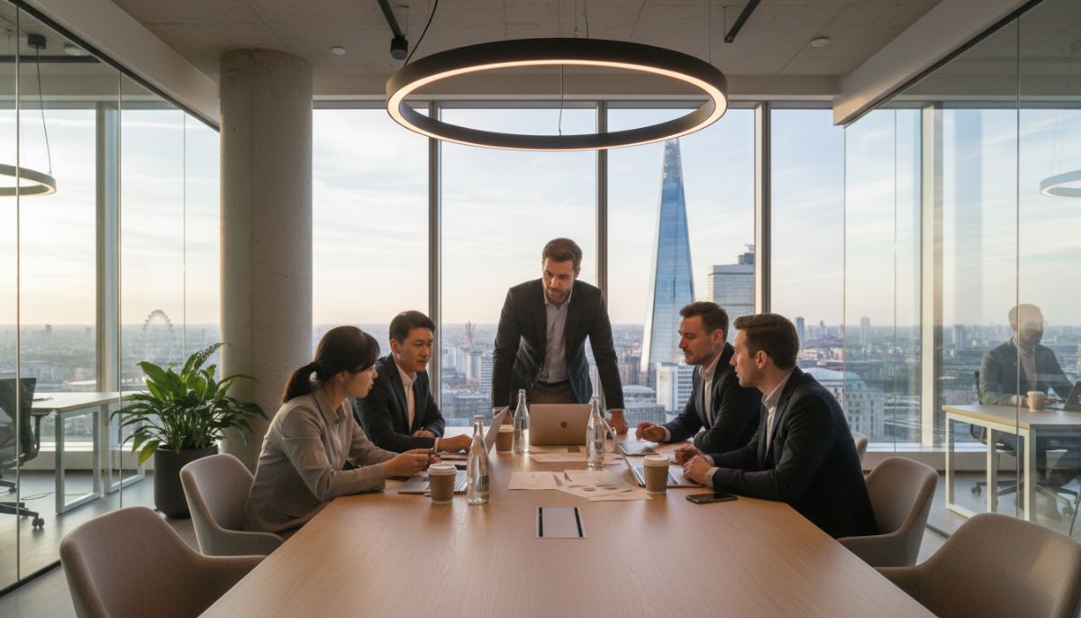A professional modern office space in London with a view of the Shard, featuring entrepreneurs from diverse backgrounds collaborating around a wooden table with laptops and documents.